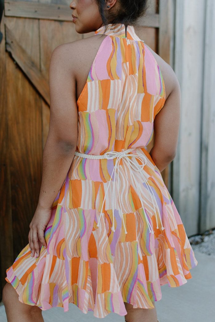 Orange Tie Waist Halter Mini Dress - Image 3